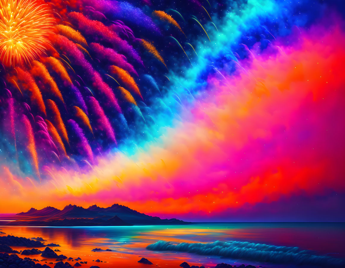 Colorful fireworks over mountainous seascape with vivid blues, purples, and oranges