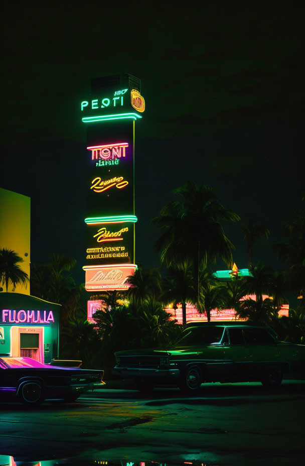 Vintage car under neon-lit sign with palm trees at night