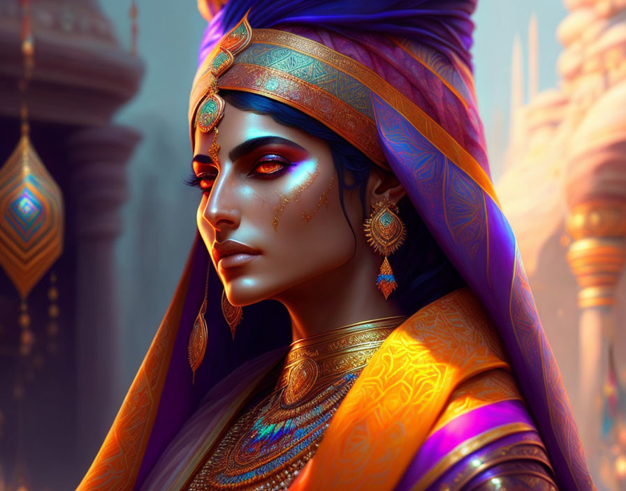 Regal woman in ornate attire with golden jewelry and turban against architectural backdrop