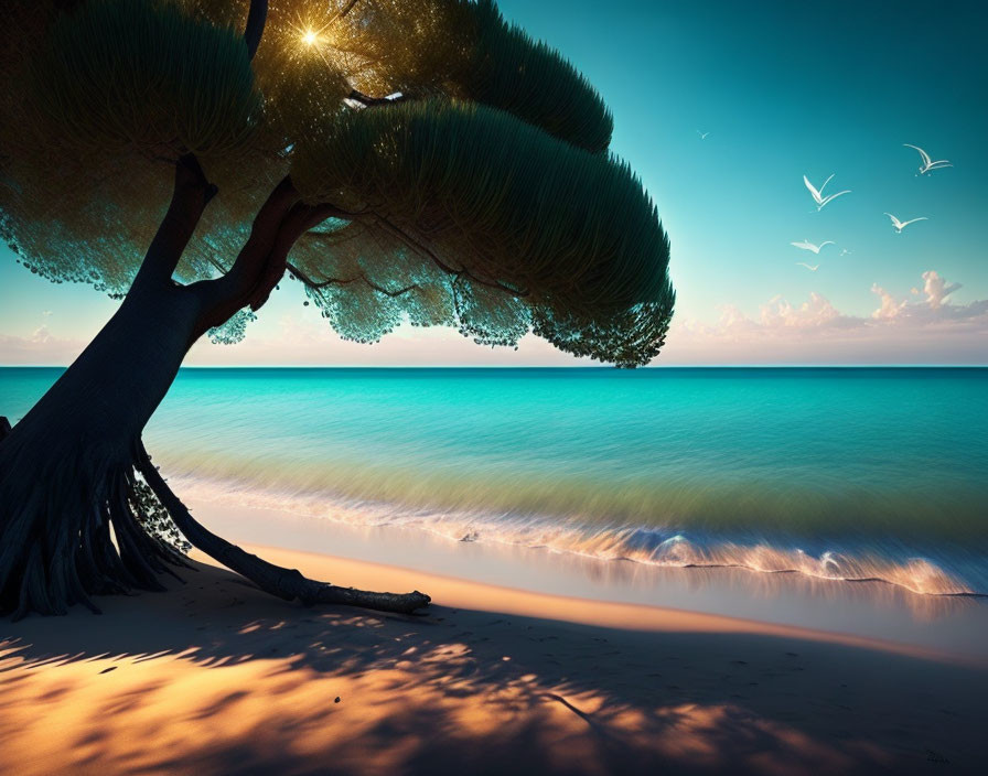 Tranquil beach sunset with unique tree, calm water, smooth sand, birds in sky