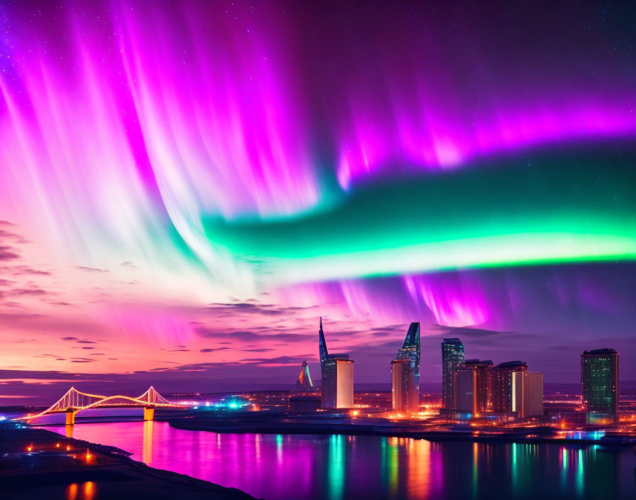 Colorful Aurora Borealis Over Modern City Skyline at Night