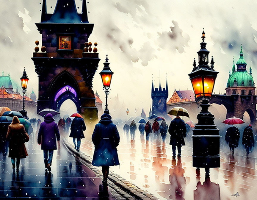 Vibrant painting of people walking on a rainy day on historic bridge