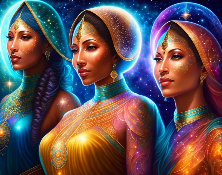 Stylized cosmic-themed women in vibrant colors and intricate patterns