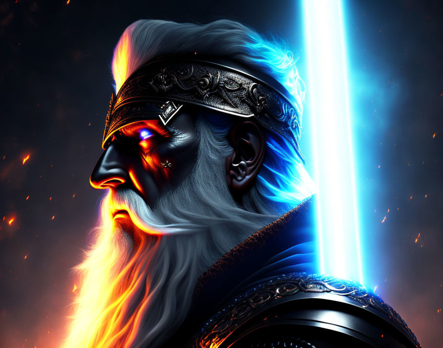 Elder warrior digital artwork with glowing hair, intricate armor, blue sword