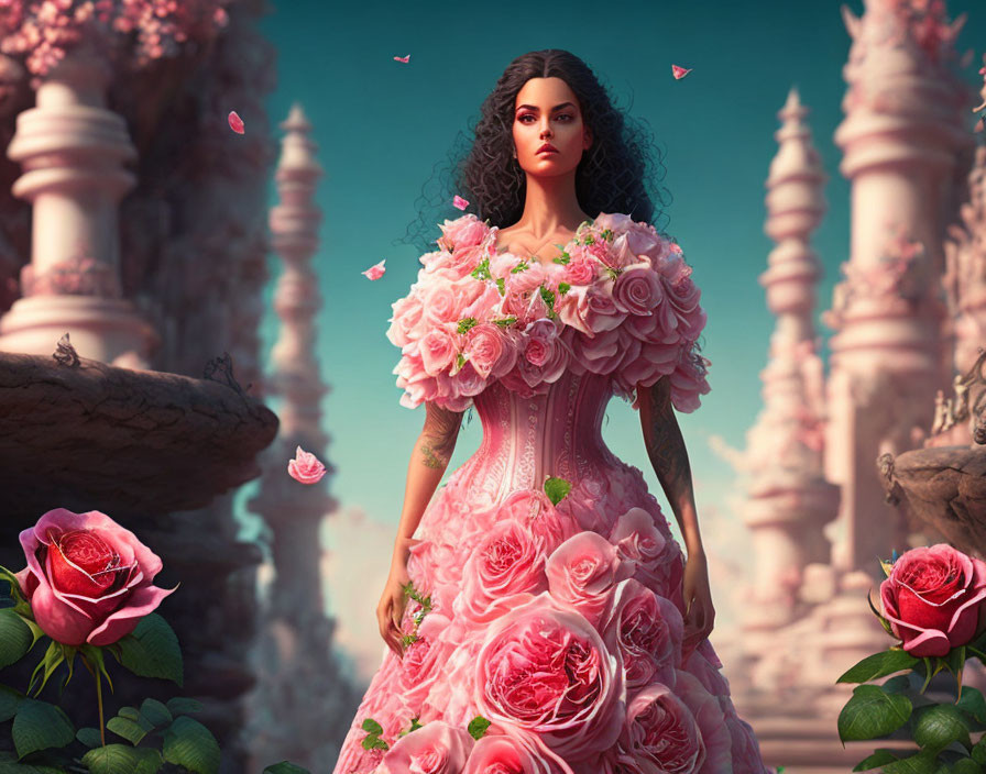 Woman in pink dress with roses in front of fantastical backdrop.