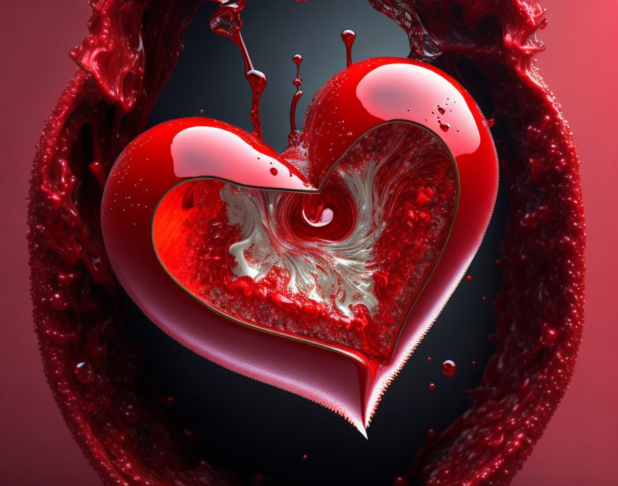 Glossy red heart with swirling liquid pattern in 3D art