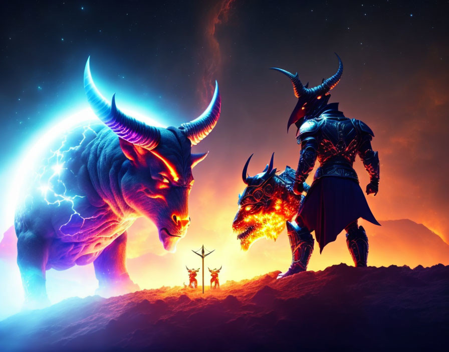 Armored warrior with bull-horned helmet and energy-infused bull under cosmic sky