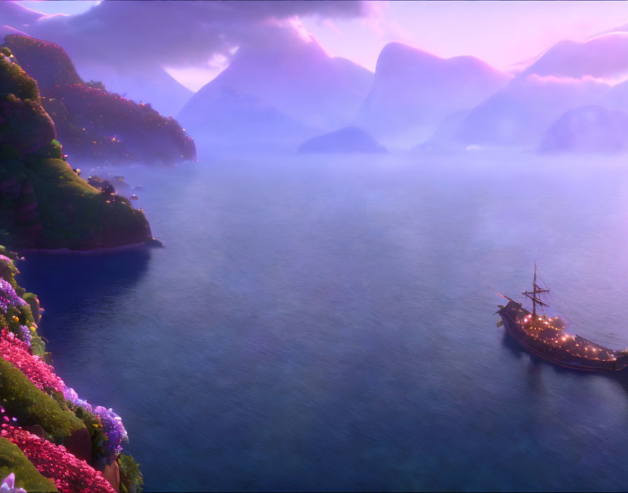 Ship sailing near lush, flower-covered coast with purple mountains at sunrise or sunset