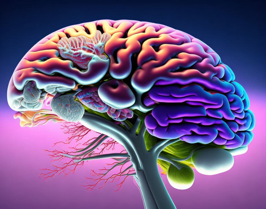 Colorful Human Brain Illustration with Regions and Neural Pathways on Gradient Background