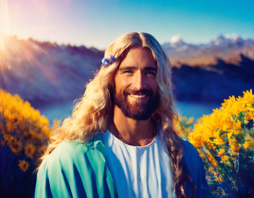 Blonde man smiling in yellow flower field with mountain lake and peaks in background