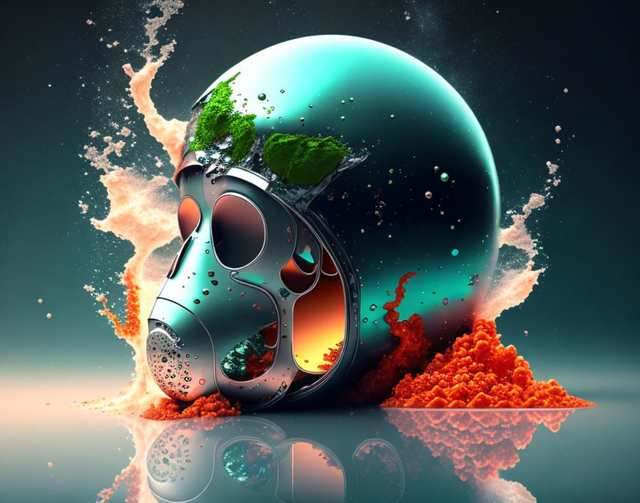 Surreal glossy skull with green globe head, liquid splash, and orange powder on shiny surface