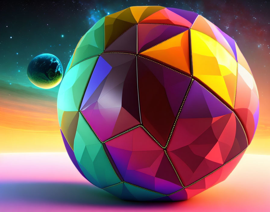 Colorful Geometric Sphere Against Vibrant Outer Space Backdrop