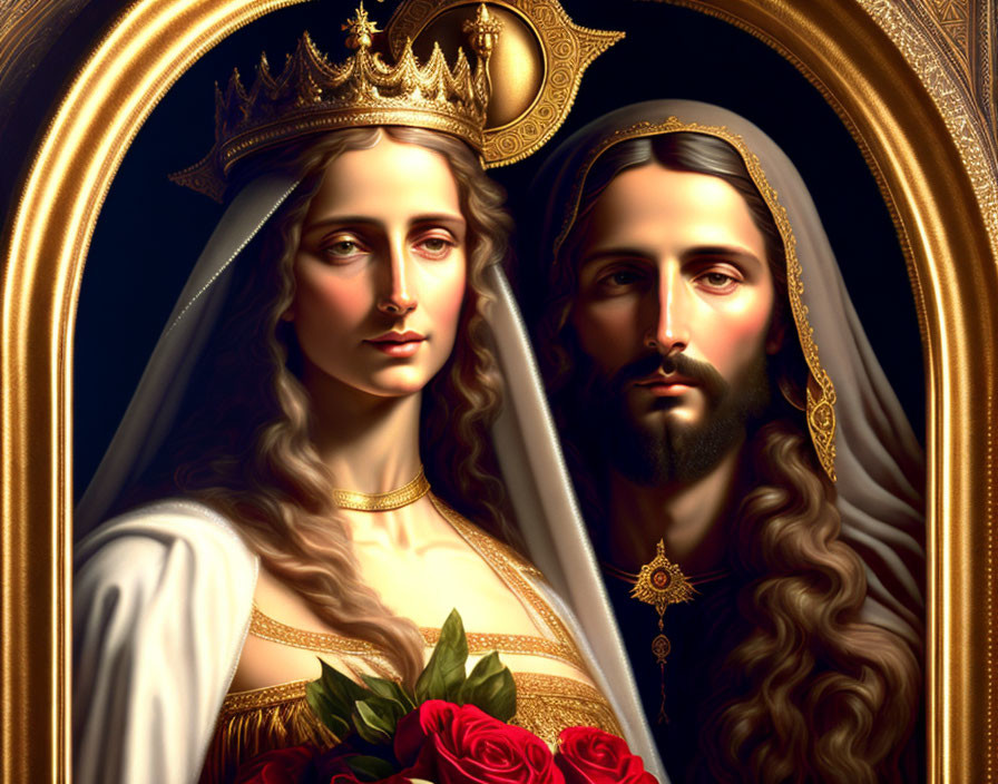 Regal man and woman with crowns in gold frame, woman holding roses