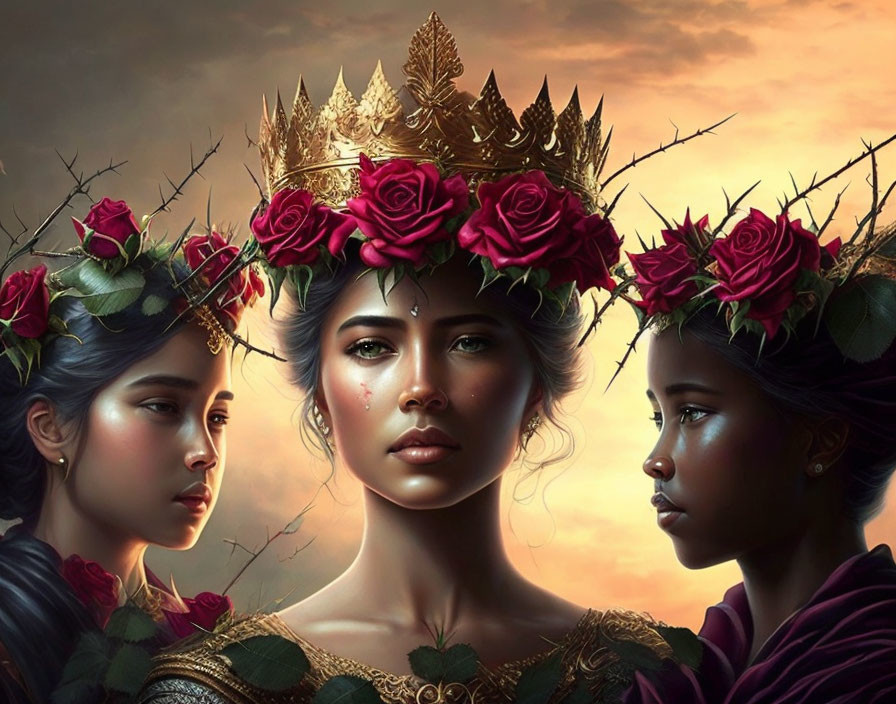 Three women with floral crowns under dramatic sky