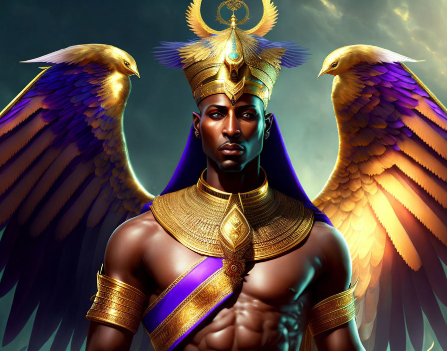 Illustration of man in Egyptian attire with phoenixes on celestial background