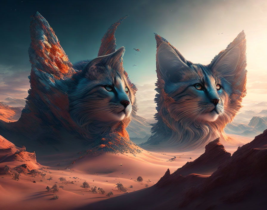 Majestic fox-like creatures with luminous feathers in desert landscape