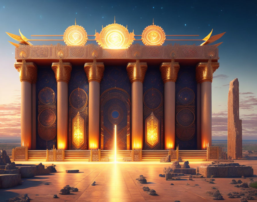 Majestic temple with golden details and towering pillars at dusk