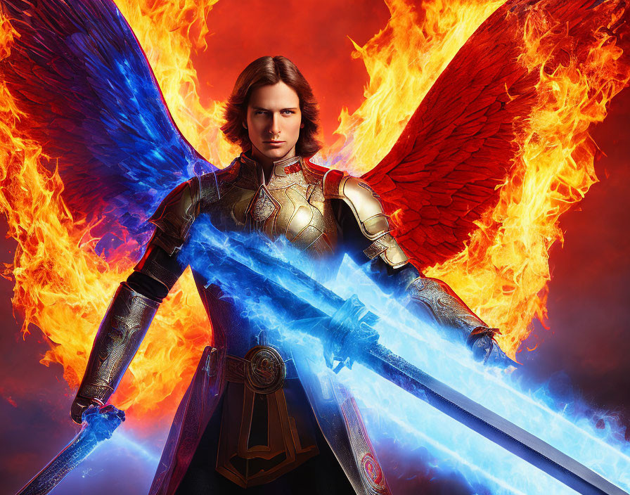 Fantasy character with fiery wings and blue swords in digital art