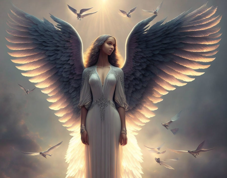 Majestic figure with angelic wings in serene scene surrounded by birds