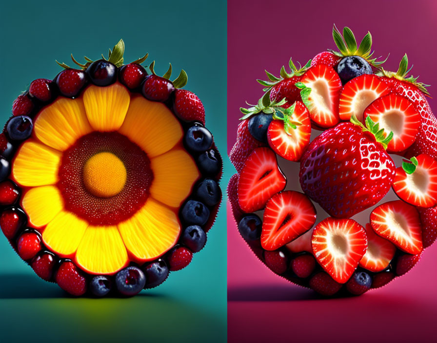 Colorful Fruit Compositions: Kiwi, Banana, Blueberry Flower and Strawberry Sphere