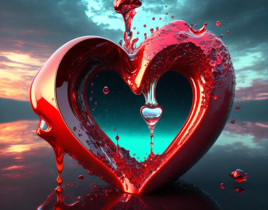 Glossy liquid heart with smaller heart in 3D against sunset sky