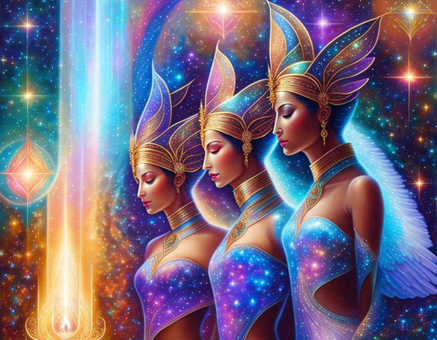 Ethereal women with gold headdresses in cosmic scene.