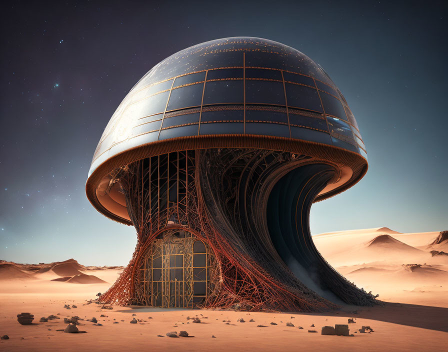 Futuristic dome structure with intricate support design in desert night sky
