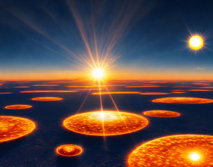 Unique Landscape with Multiple Suns and Glowing Patterns