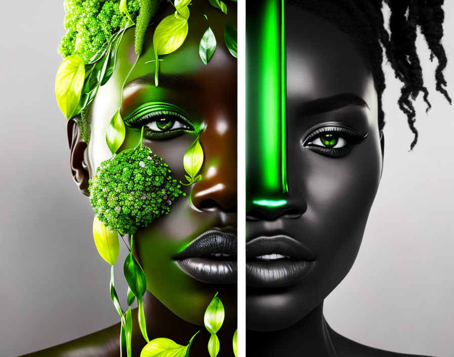 Split-screen image of woman's face with green plant makeup contrasted with grayscale side