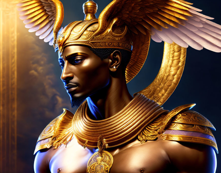 Stylized male figure in golden armor and wings on blue background