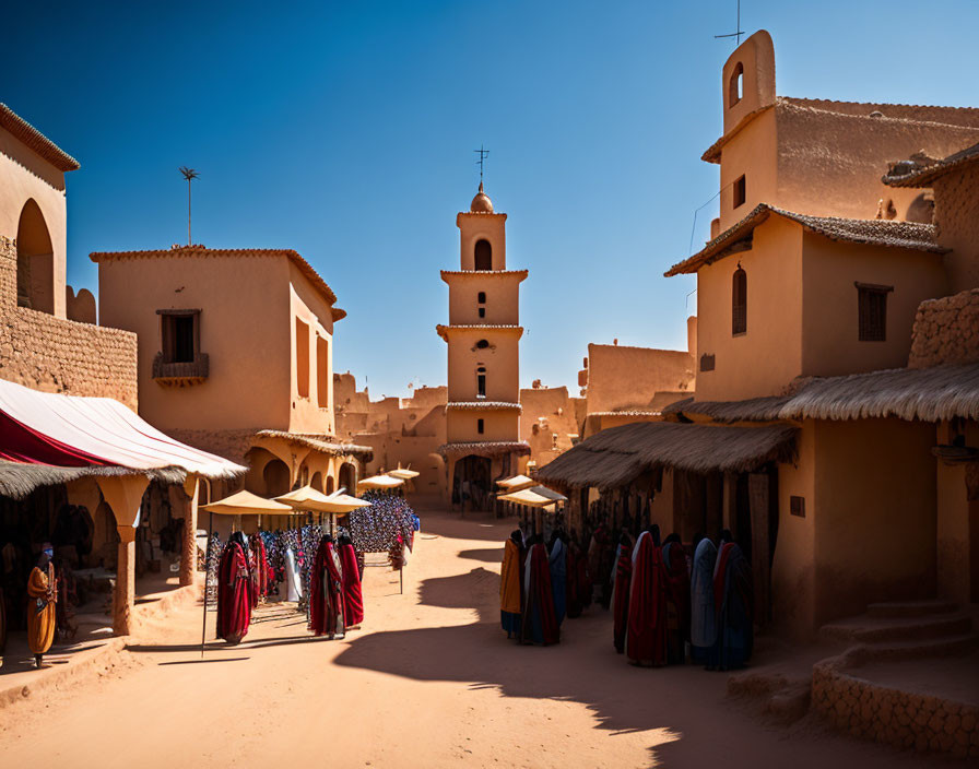 Desert mud-brick architecture with central tower and market stalls under clear blue sky