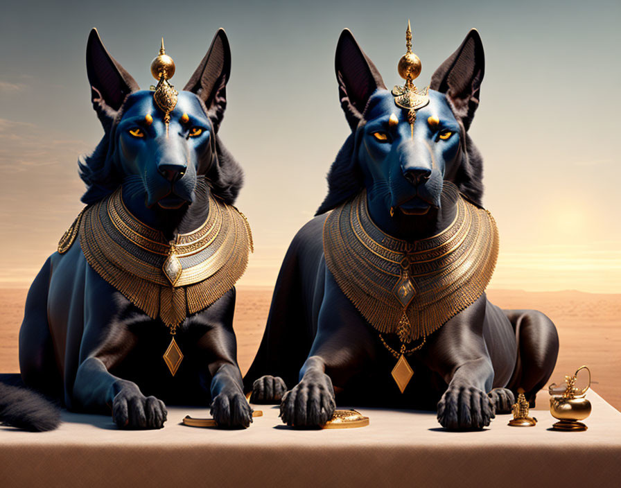 Majestic Black Anubis-like Dogs with Golden Egyptian Jewelry