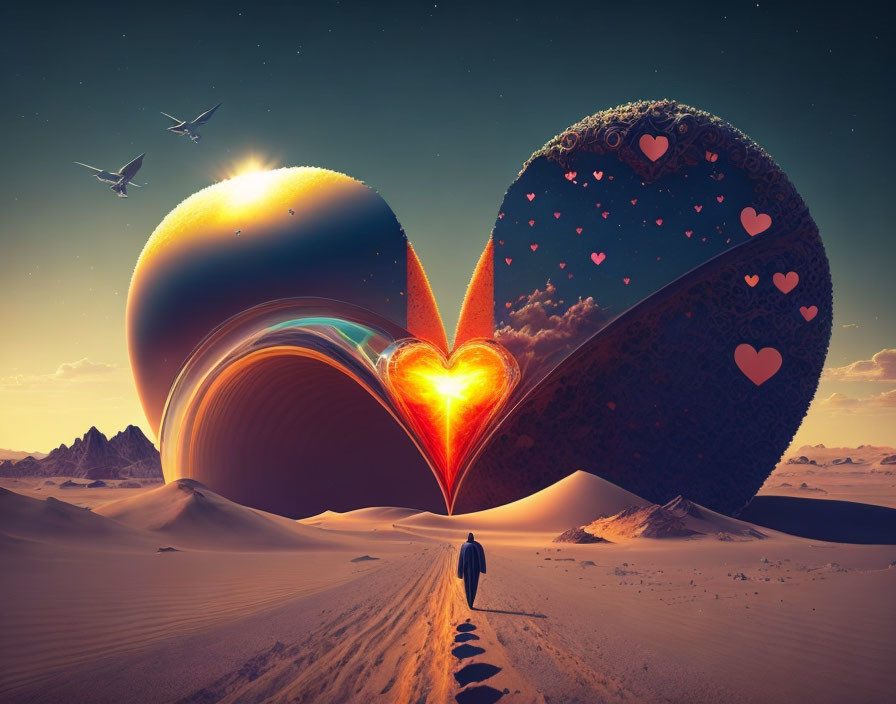Surreal heart-shaped portal in desert landscape with colorful sky
