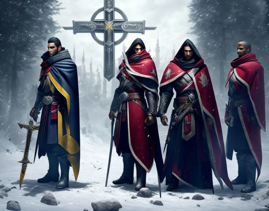 Four animated knights in snowy forest with cloaks and swords near large cross