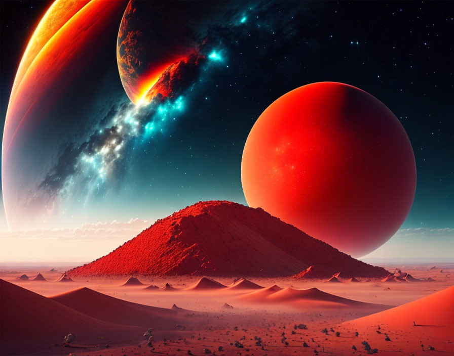 Surreal sci-fi desert landscape with looming alien planets colliding under starlit sky