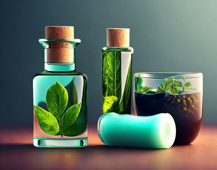 Glass Bottles with Cork Lids, Green Leaves in Liquid, Cosmetic Tube, Glass Container with Plants