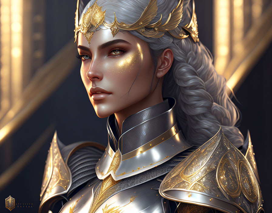 Regal woman in golden armor and crown emanates strength