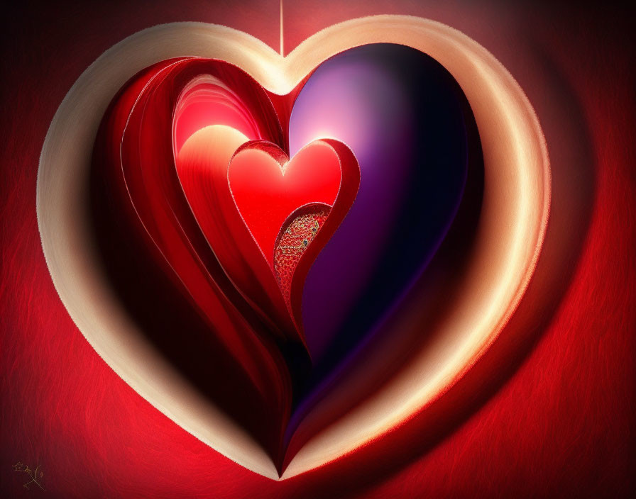 Digital Art: Heart Shapes Within Each Other on Red Gradient Background