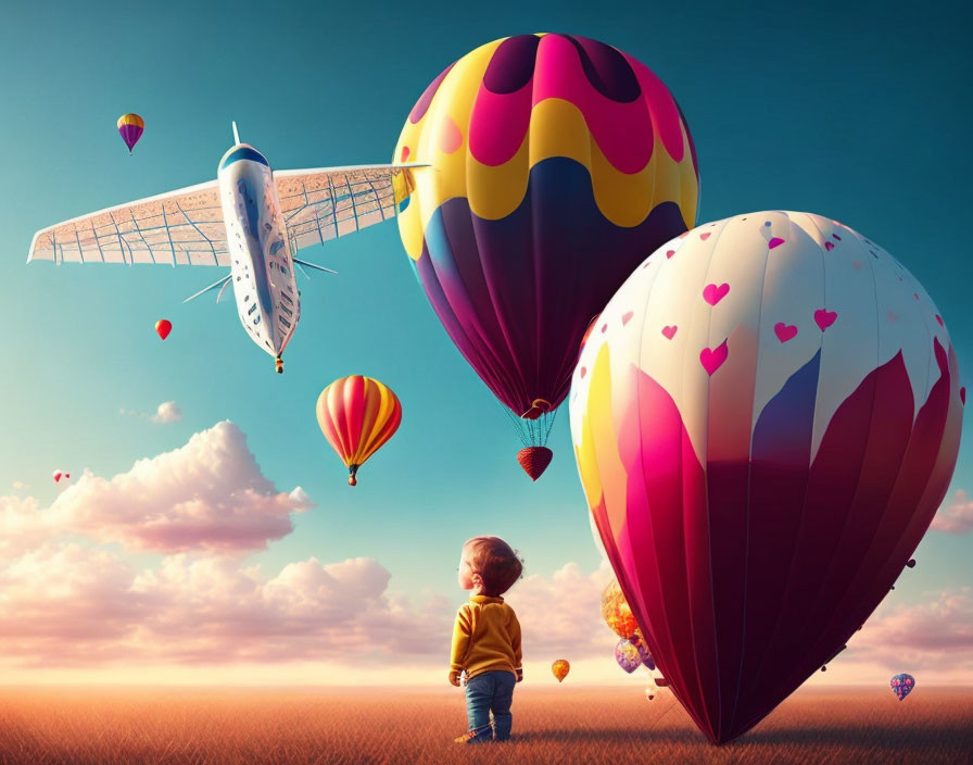 Child watches colorful hot air balloons and airship in dreamy sky