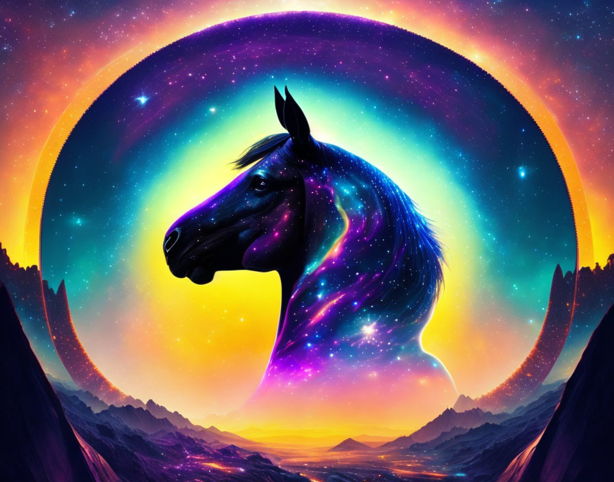 Colorful Cosmic Horse Silhouette Against Mountain Landscape