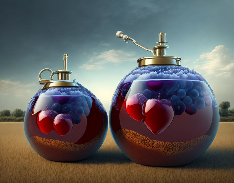 Whimsical glass grenade-like containers with hearts and bubbles on serene sky backdrop