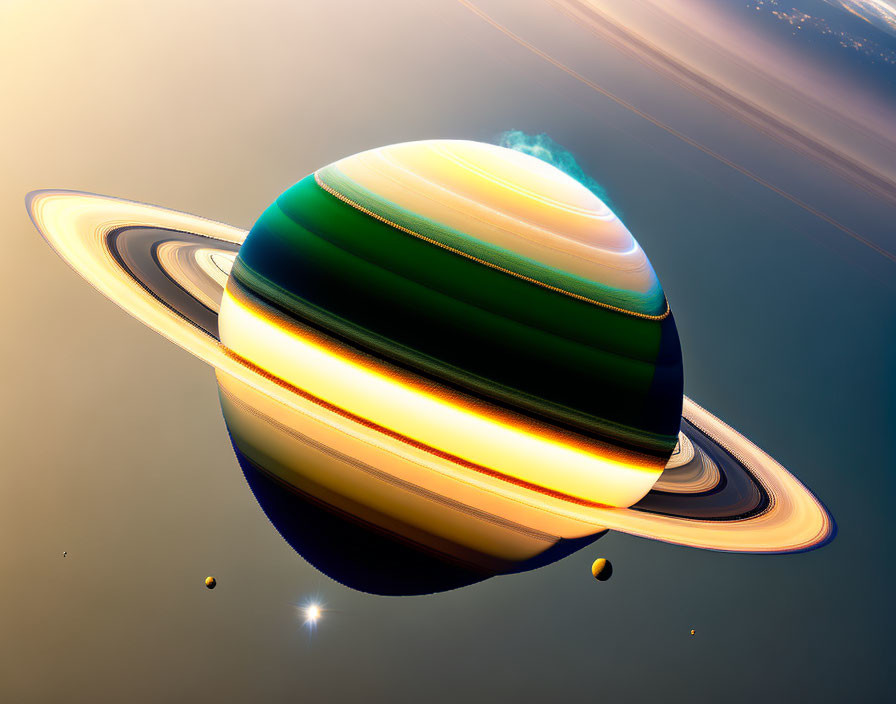 Saturn with rings, moons, and star in vibrant hues