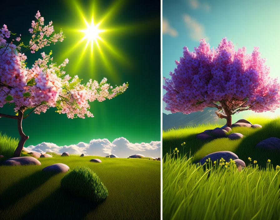 Dual Cherry Blossom Tree Paintings in Sunlight and Soft Light amidst Green Meadows