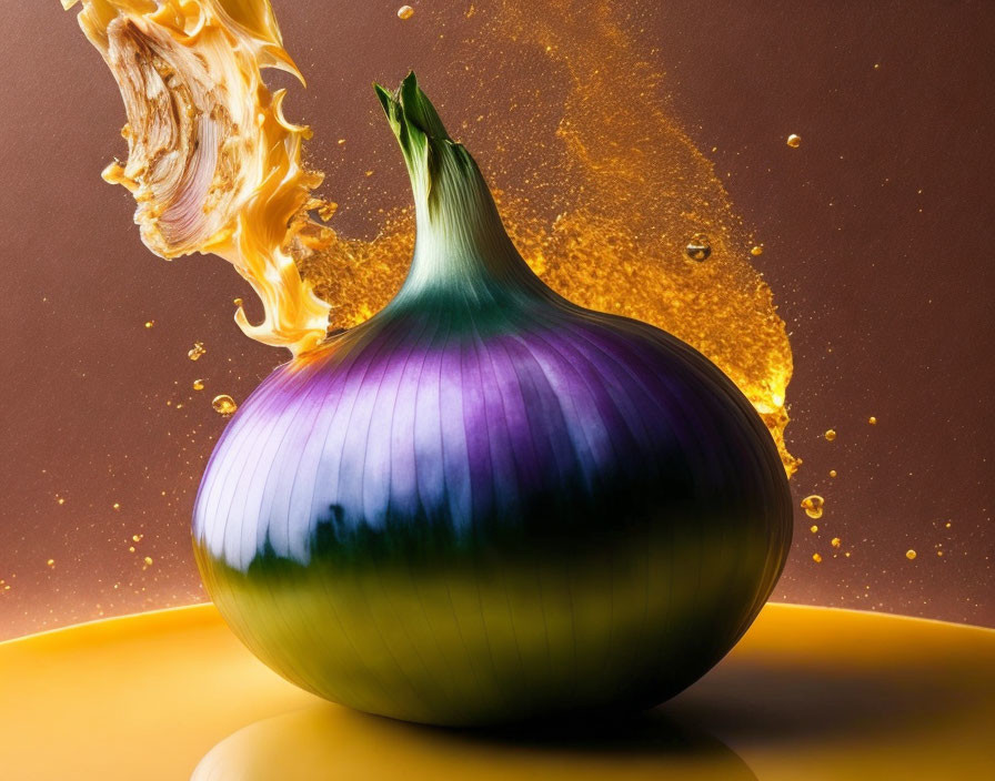 Purple onion with green stem on golden background with liquid splash and flames.