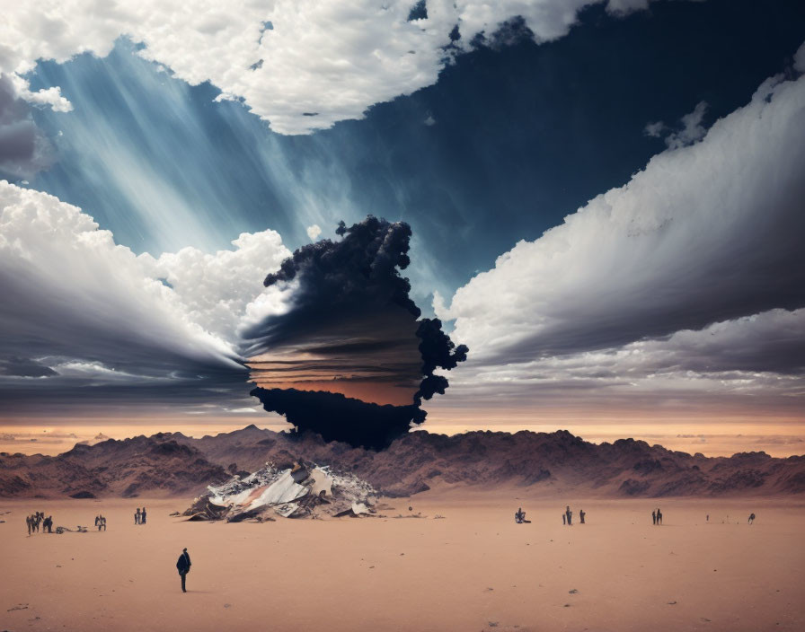 Surreal desert landscape with floating rock island and crashed airplane