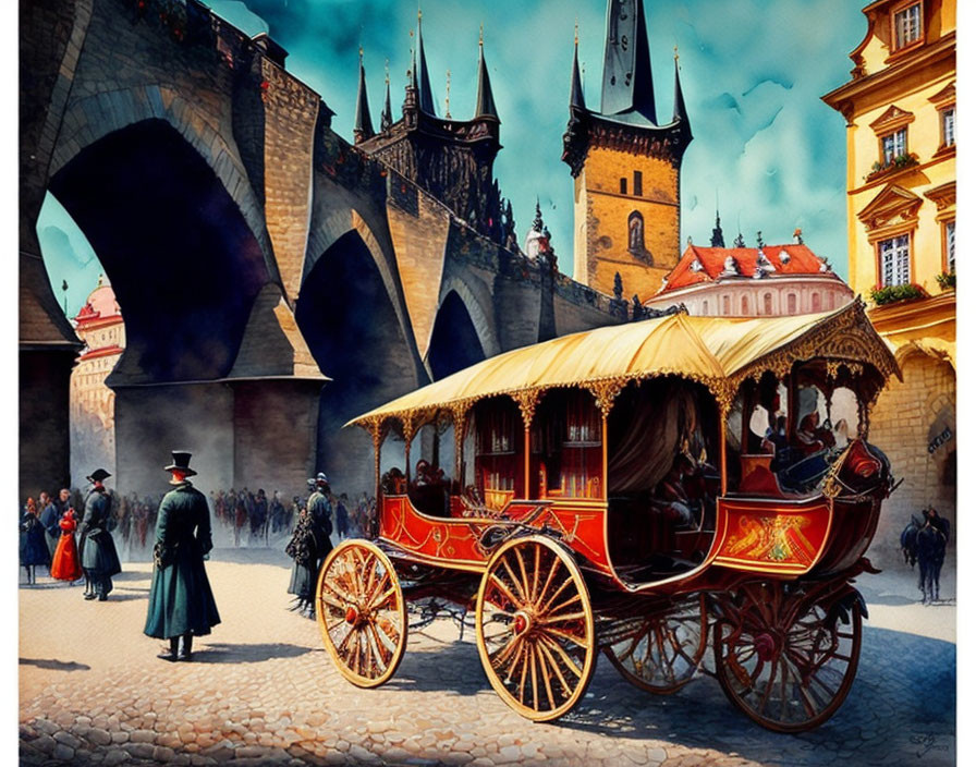 Historical scene with horse-drawn carriage, elegant figures, and gothic architecture