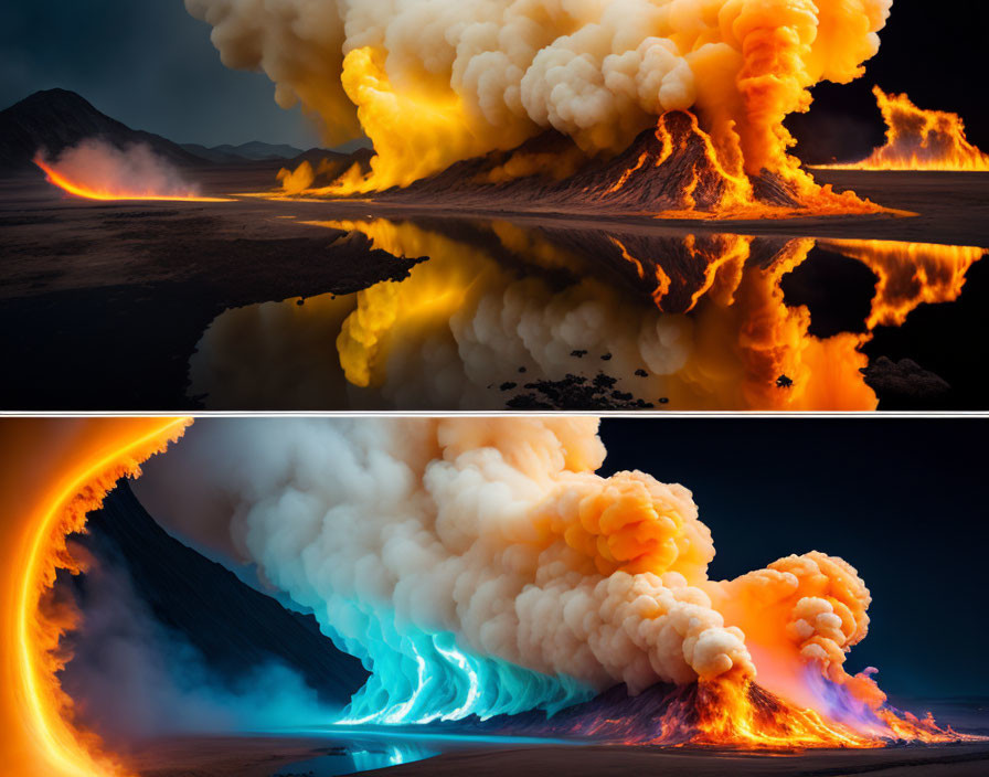 Composite Image: Volcanic Eruption with Reflective Surface, Orange and Blue Lava