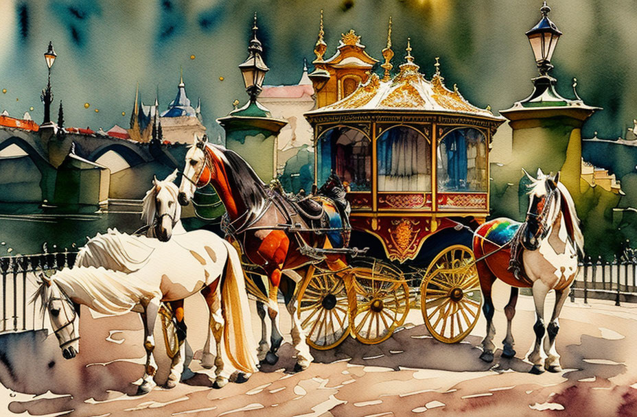 Ornate Horse-Drawn Carriage with Two Horses and Street Lamps