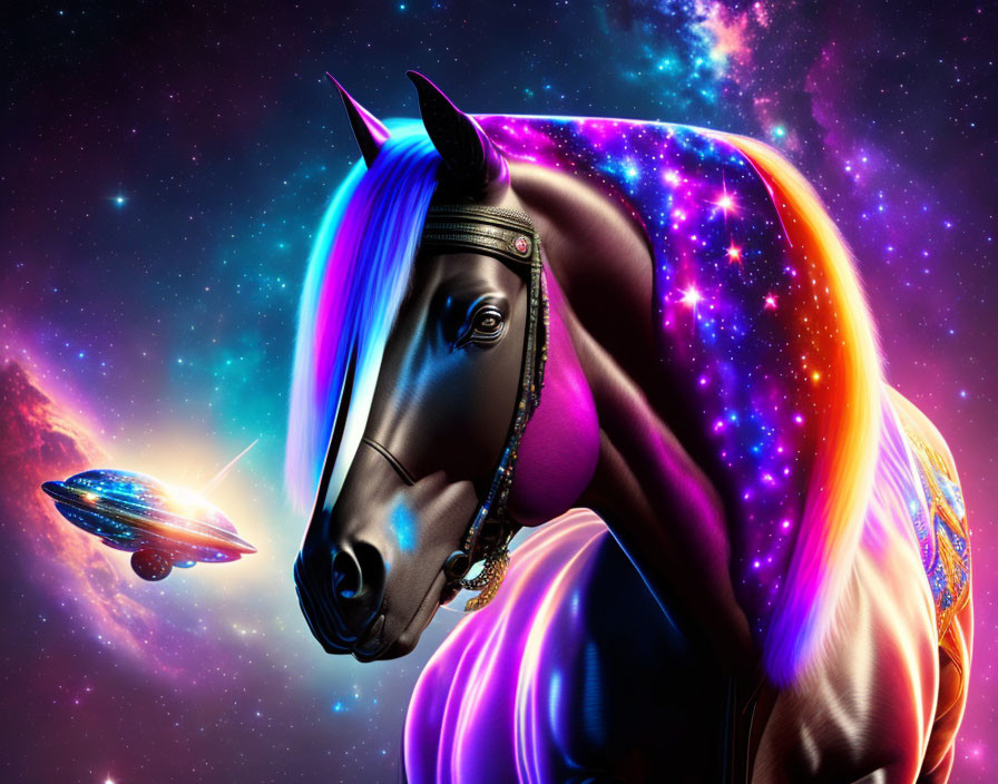 Colorful cosmic horse with glowing mane and spaceship in starry space.