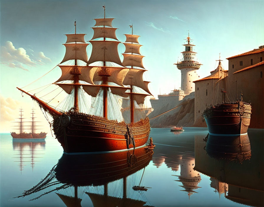 Ornate sailing ships in serene harbor at sunset